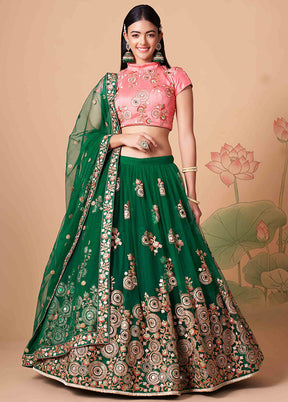 Green Semi Stitched Net Embroidered Lehenga Choli Set With Dupatta - Indian Silk House Agencies