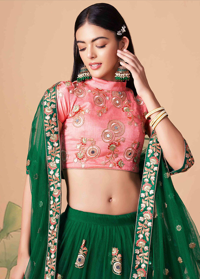 Green Semi Stitched Net Embroidered Lehenga Choli Set With Dupatta - Indian Silk House Agencies