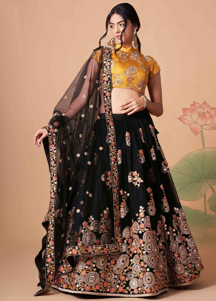 Black Semi Stitched Net Embroidered Lehenga Choli Set With Dupatta - Indian Silk House Agencies