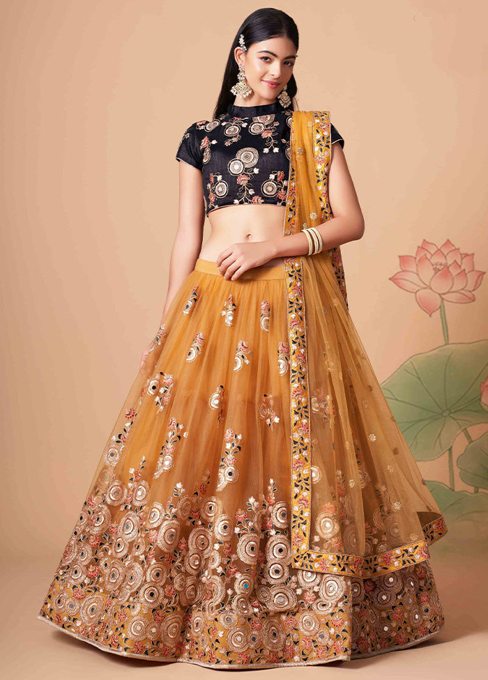 Mustard Semi Stitched Net Embroidered Lehenga Choli Set With Dupatta - Indian Silk House Agencies