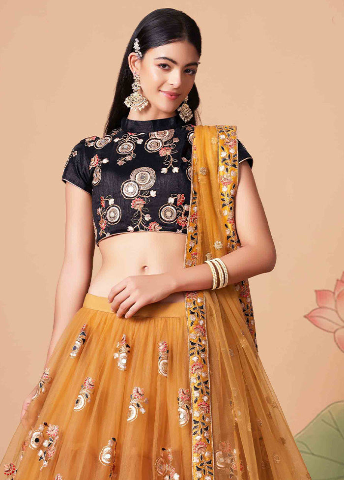 Mustard Semi Stitched Net Embroidered Lehenga Choli Set With Dupatta - Indian Silk House Agencies