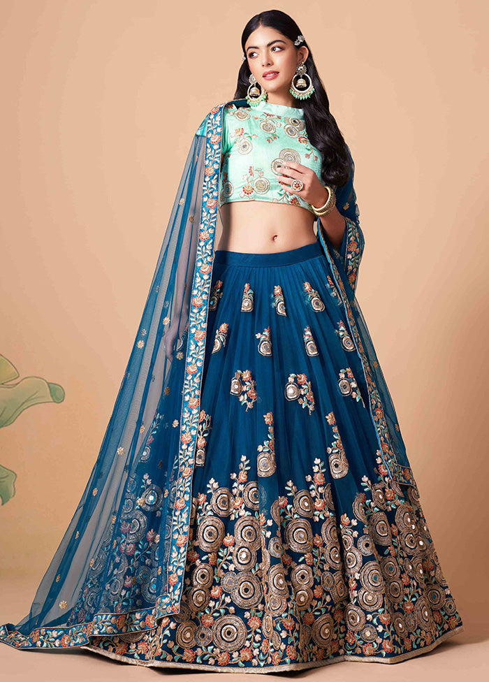 Teal Blue Semi Stitched Net Embroidered Lehenga Choli Set With Dupatta - Indian Silk House Agencies