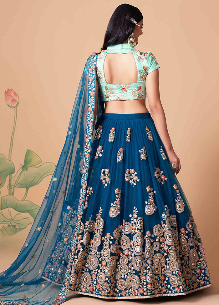 Teal Blue Semi Stitched Net Embroidered Lehenga Choli Set With Dupatta - Indian Silk House Agencies