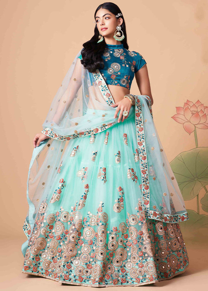 Sky Blue Semi Stitched Net Embroidered Lehenga Choli Set With Dupatta - Indian Silk House Agencies