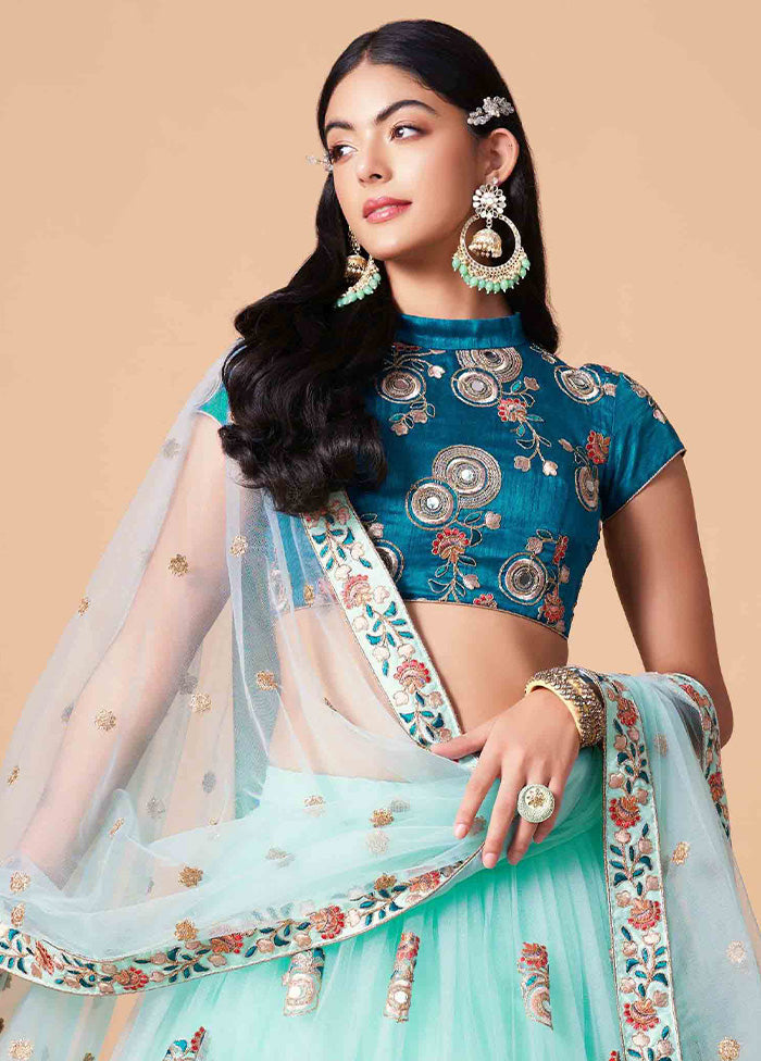 Sky Blue Semi Stitched Net Embroidered Lehenga Choli Set With Dupatta - Indian Silk House Agencies