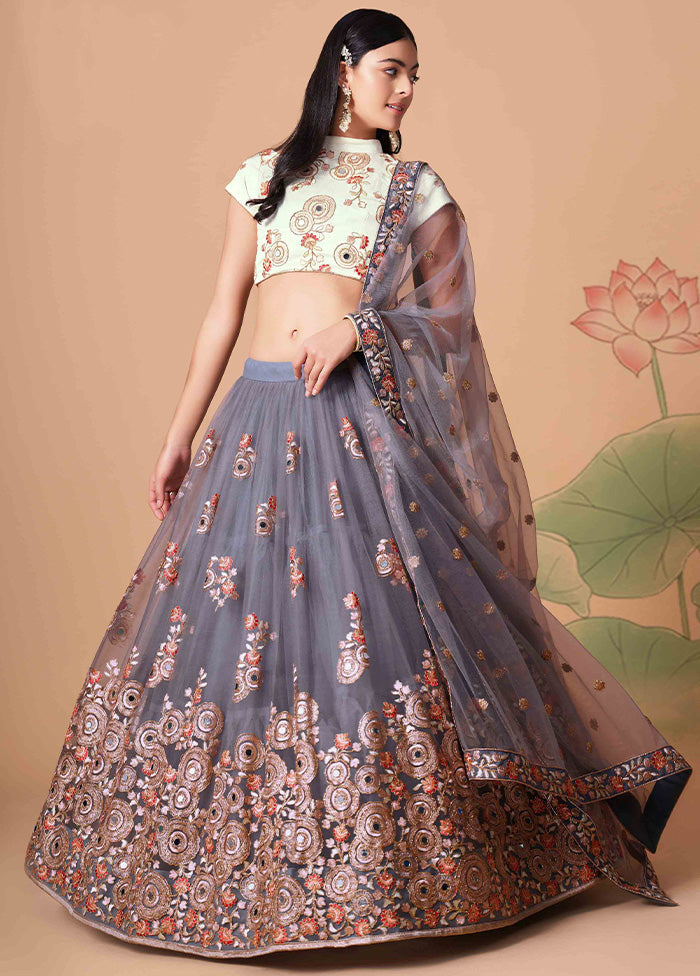 Grey Semi Stitched Net Embroidered Lehenga Choli Set With Dupatta - Indian Silk House Agencies