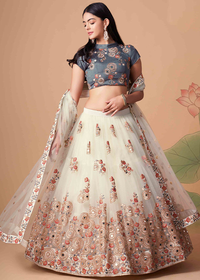 Off White Semi Stitched Net Embroidered Lehenga Choli Set With Dupatta - Indian Silk House Agencies