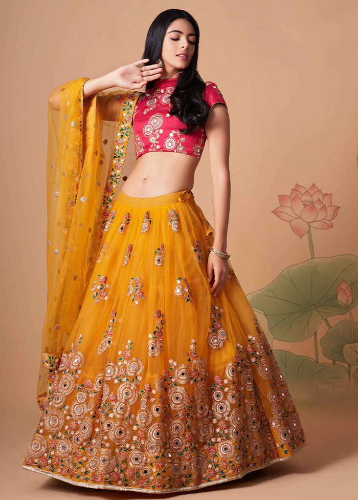 Yellow Semi Stitched Net Embroidered Lehenga Choli Set With Dupatta - Indian Silk House Agencies