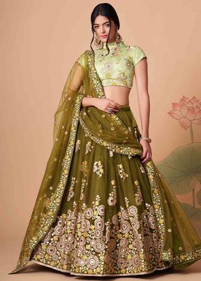 Green Semi Stitched Net Embroidered Lehenga Choli Set With Dupatta - Indian Silk House Agencies