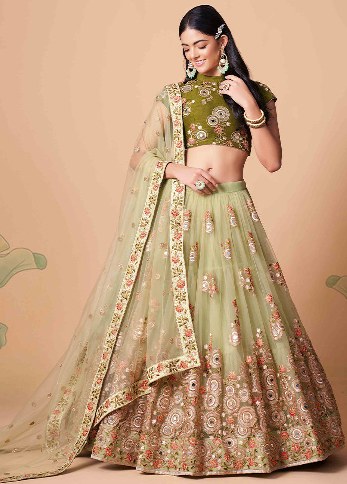 Green Semi Stitched Net Embroidered Lehenga Choli Set With Dupatta - Indian Silk House Agencies