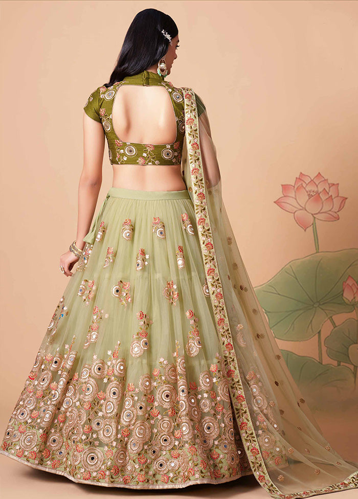 Green Semi Stitched Net Embroidered Lehenga Choli Set With Dupatta - Indian Silk House Agencies