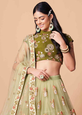 Green Semi Stitched Net Embroidered Lehenga Choli Set With Dupatta - Indian Silk House Agencies