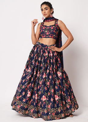 Navy Blue Semi Stitched Silk Embroidered Lehenga Choli Set With Dupatta - Indian Silk House Agencies