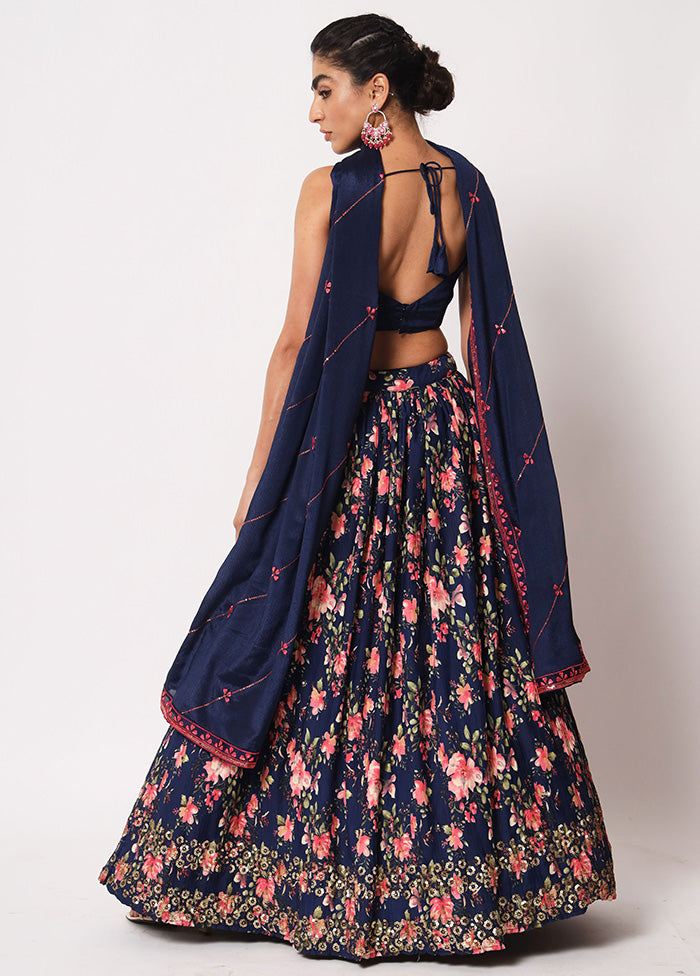 Navy Blue Semi Stitched Silk Embroidered Lehenga Choli Set With Dupatta - Indian Silk House Agencies