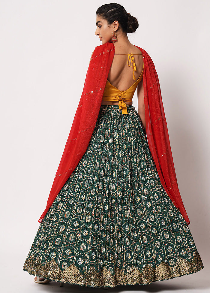 Green Semi Stitched Silk Embroidered Lehenga Choli Set With Dupatta - Indian Silk House Agencies