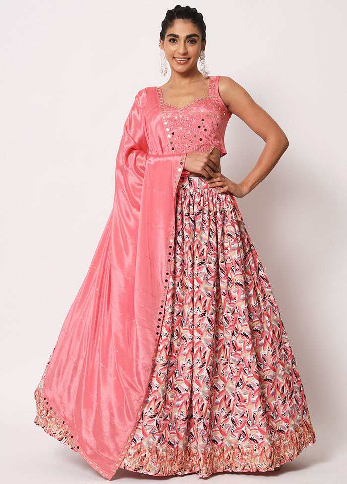 Pink Semi Stitched Silk Embroidered Lehenga Choli Set With Dupatta - Indian Silk House Agencies