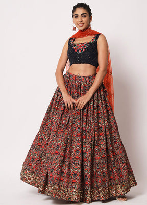 Blue Semi Stitched Silk Embroidered Lehenga Choli Set With Dupatta - Indian Silk House Agencies