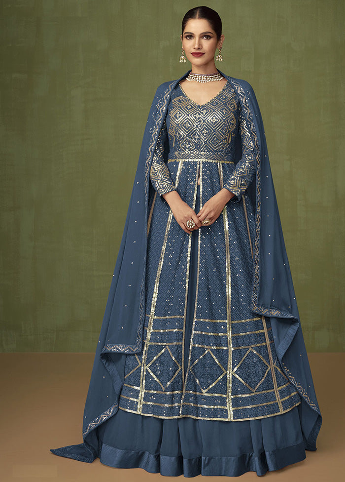 3 Pc Blue Georgette Suit Set With Dupatta VDKSH2103237 - Indian Silk House Agencies