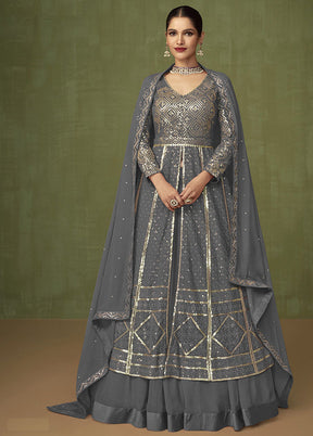 3 Pc Grey Georgette Suit Set With Dupatta VDKSH2103239 - Indian Silk House Agencies