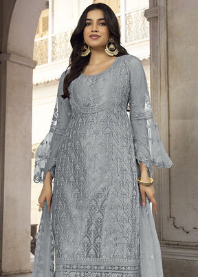 3 Pc Grey Net Suit Set With Dupatta VDKSH2103254 - Indian Silk House Agencies