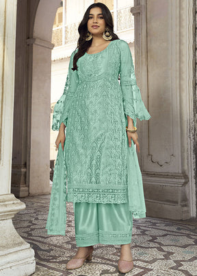 3 Pc Sea Green Net Suit Set With Dupatta VDKSH2103257 - Indian Silk House Agencies