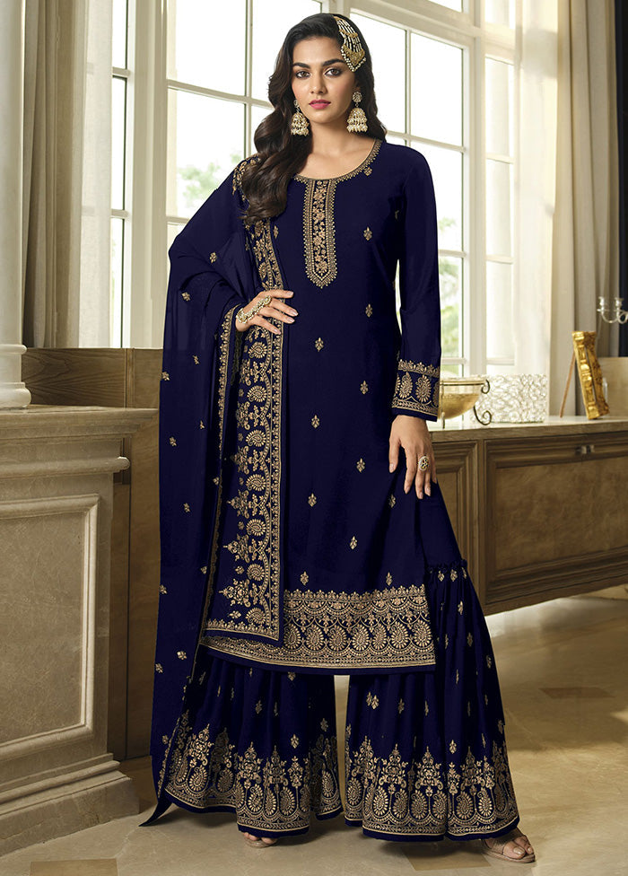 3 Pc Blue Georgette Suit Set With Dupatta VDKSH2103264 - Indian Silk House Agencies