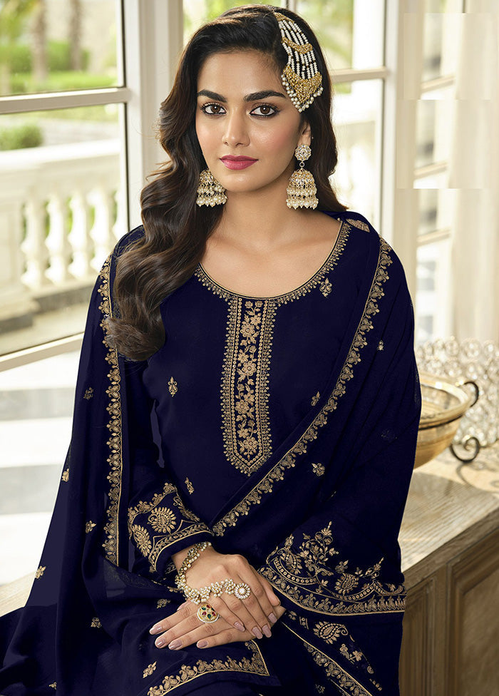 3 Pc Blue Georgette Suit Set With Dupatta VDKSH2103264 - Indian Silk House Agencies