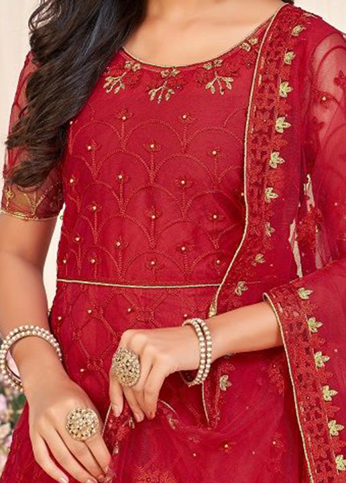 3 Pc Red Net Suit Set With Dupatta VDKSH2103266 - Indian Silk House Agencies