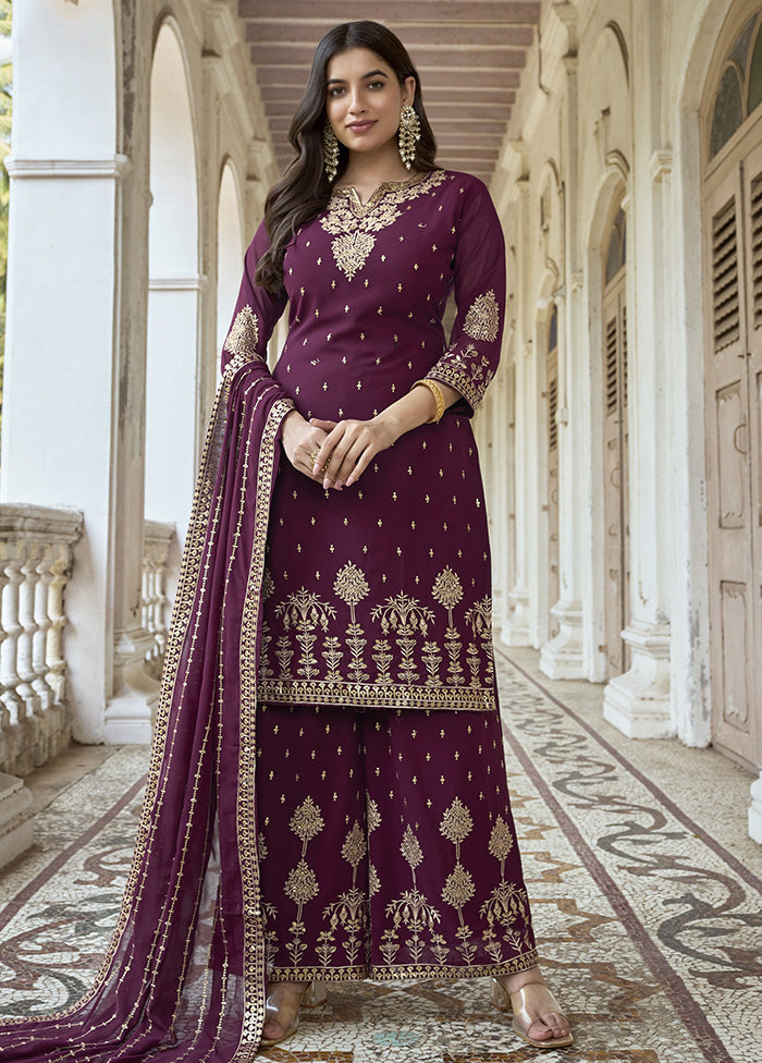 3 Pc Wine Georgette Suit Set With Dupatta VDKSH2103312 - Indian Silk House Agencies