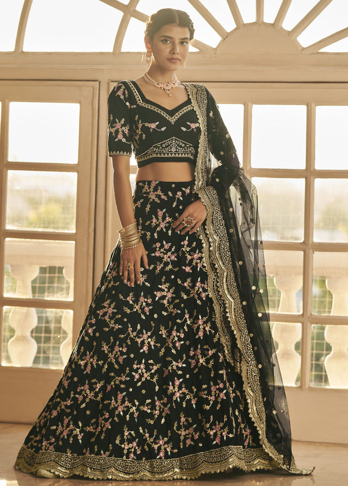 Black Semi Stitched Silk Lehenga Choli Set - Indian Silk House Agencies