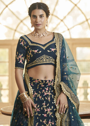 Blue Semi Stitched Silk Lehenga Choli Set - Indian Silk House Agencies