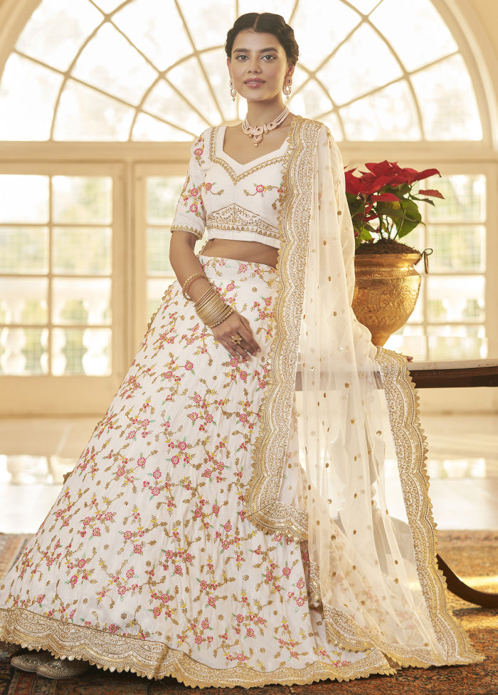 White Semi Stitched Silk Lehenga Choli Set - Indian Silk House Agencies