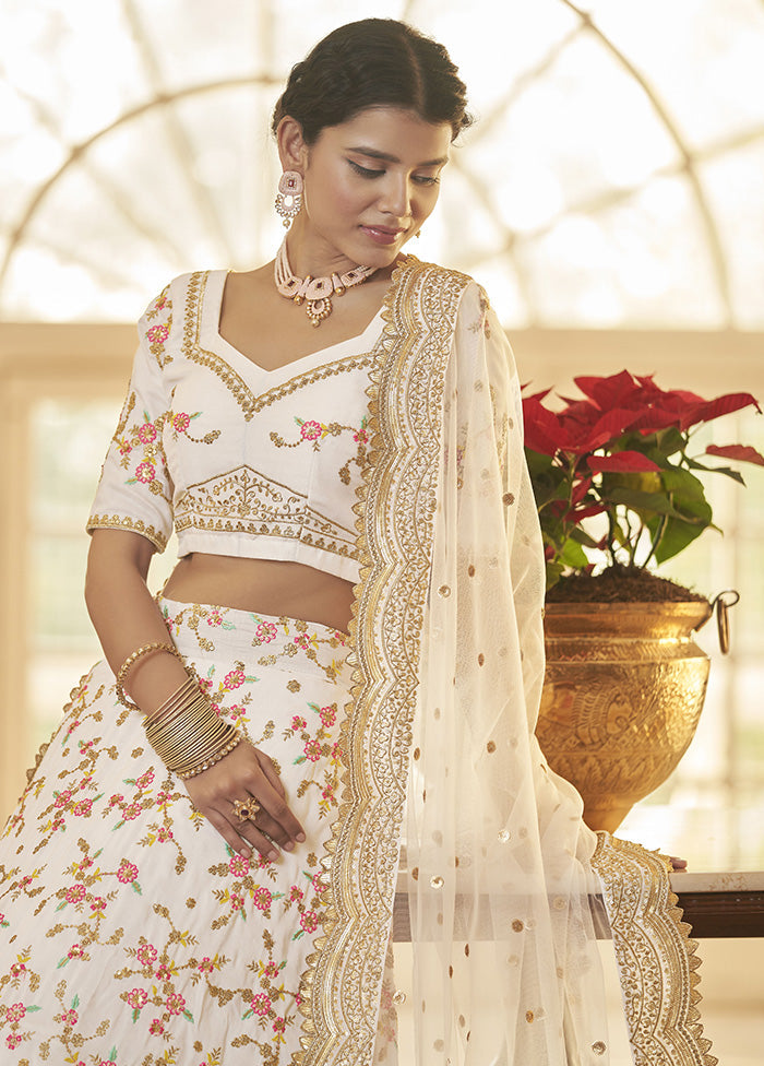 White Semi Stitched Silk Lehenga Choli Set - Indian Silk House Agencies