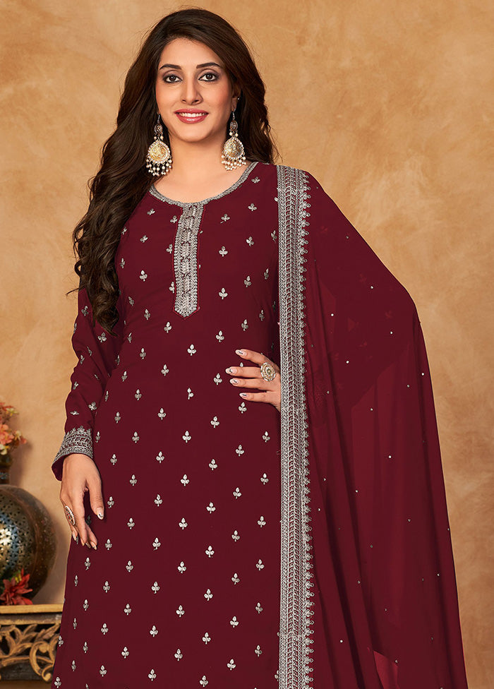 3 Pc Maroon Semi Stitched Georgette Suit Set With Dupatta VDKSH12803234 - Indian Silk House Agencies