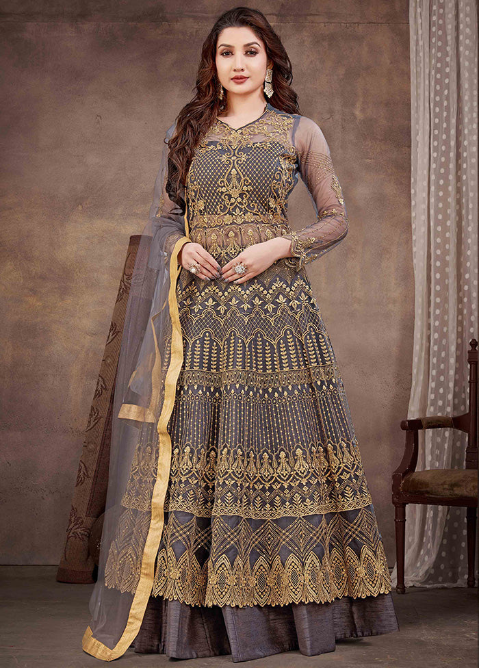 3 Pc Grey Semi Stitched Net Suit Set With Dupatta VDKSH12803235 - Indian Silk House Agencies