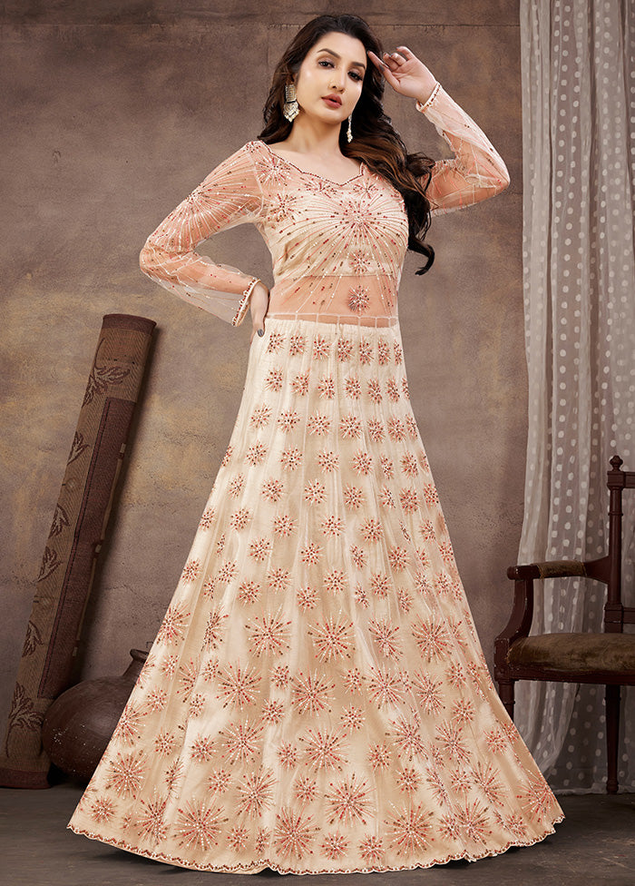 3 Pc Peach Semi Stitched Net Suit Set With Dupatta VDKSH12803236 - Indian Silk House Agencies