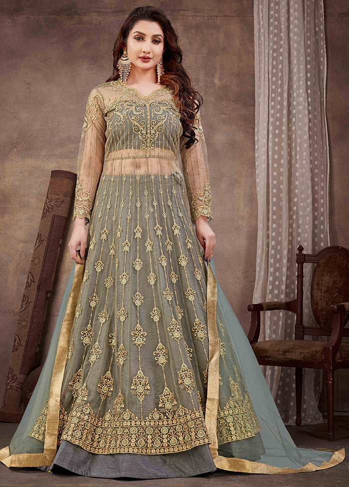 3 Pc Grey Semi Stitched Net Suit Set With Dupatta VDKSH12803238 - Indian Silk House Agencies