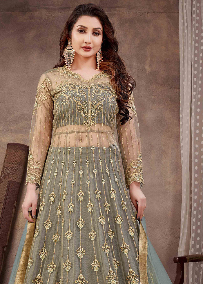 3 Pc Grey Semi Stitched Net Suit Set With Dupatta VDKSH12803238 - Indian Silk House Agencies