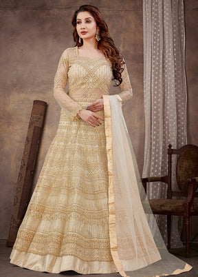 3 Pc Beige Semi Stitched Net Suit Set With Dupatta VDKSH12803239 - Indian Silk House Agencies