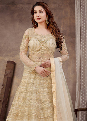 3 Pc Beige Semi Stitched Net Suit Set With Dupatta VDKSH12803239 - Indian Silk House Agencies