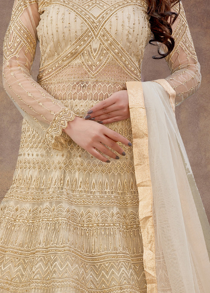 3 Pc Beige Semi Stitched Net Suit Set With Dupatta VDKSH12803239 - Indian Silk House Agencies