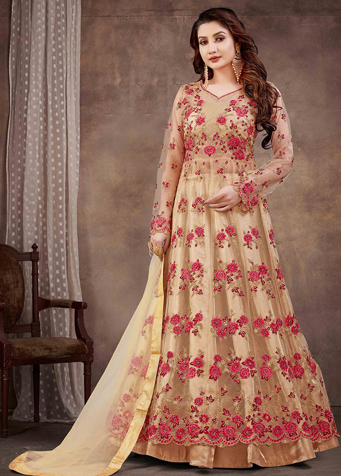 3 Pc Peach Semi Stitched Net Suit Set With Dupatta VDKSH12803240 - Indian Silk House Agencies