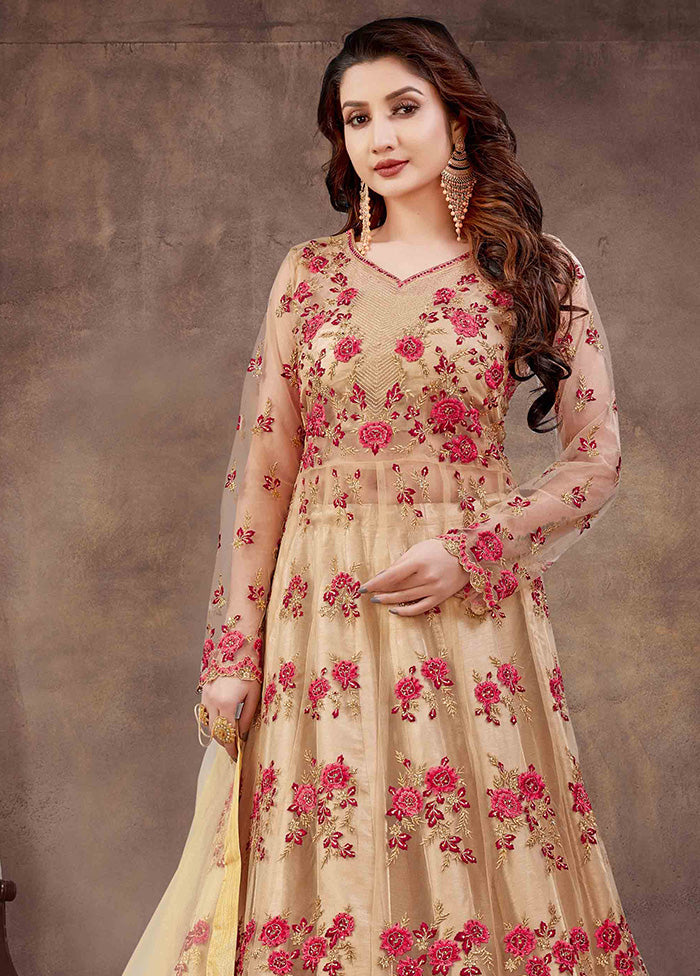 3 Pc Peach Semi Stitched Net Suit Set With Dupatta VDKSH12803240 - Indian Silk House Agencies