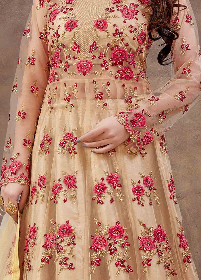 3 Pc Peach Semi Stitched Net Suit Set With Dupatta VDKSH12803240 - Indian Silk House Agencies