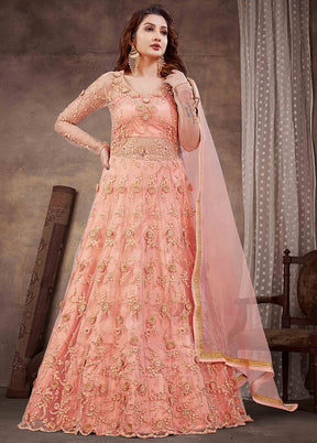 3 Pc Pink Semi Stitched Net Suit Set With Dupatta VDKSH12803241 - Indian Silk House Agencies