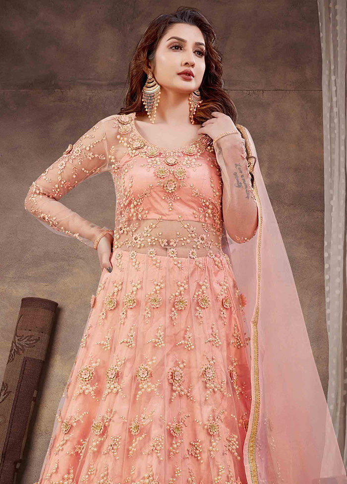 3 Pc Pink Semi Stitched Net Suit Set With Dupatta VDKSH12803241 - Indian Silk House Agencies