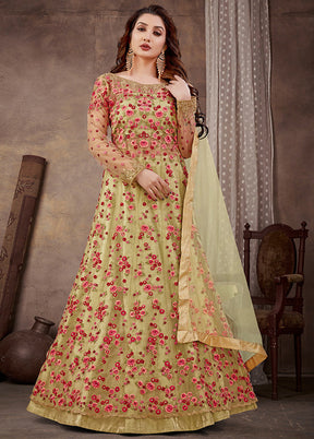 3 Pc Lemon Green Semi Stitched Net Suit Set With Dupatta VDKSH12803242 - Indian Silk House Agencies