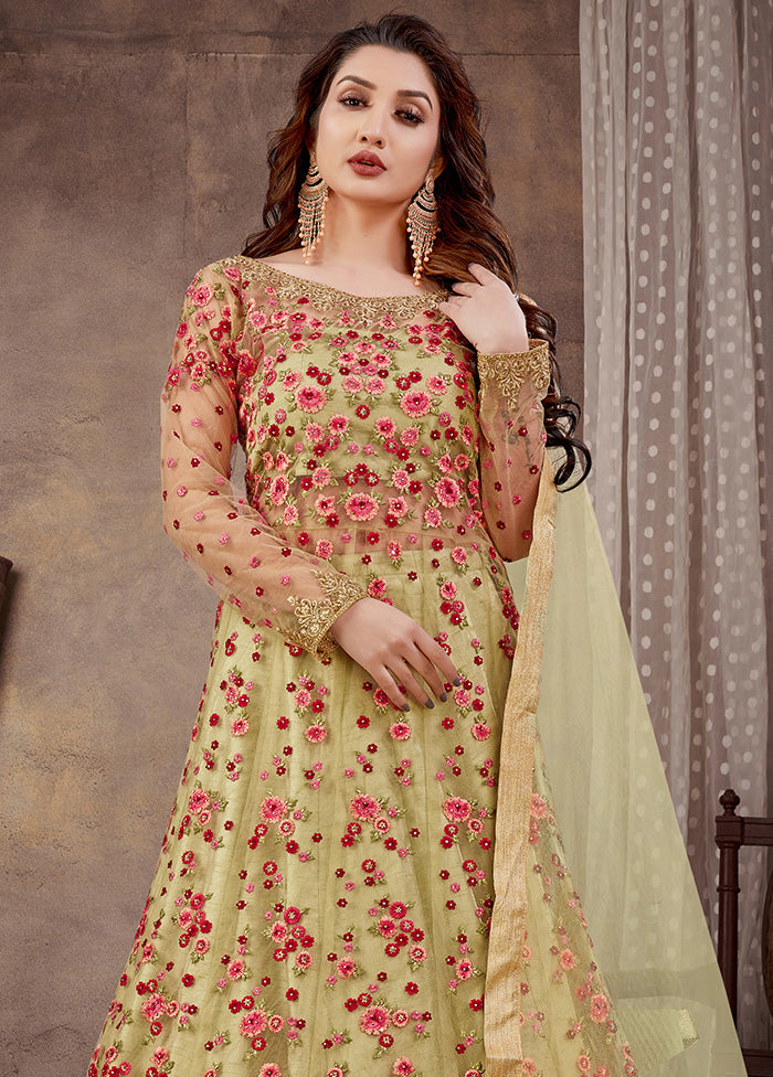 3 Pc Lemon Green Semi Stitched Net Suit Set With Dupatta VDKSH12803242 - Indian Silk House Agencies