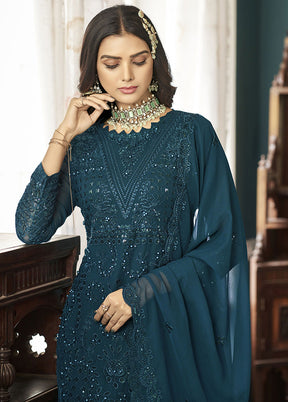 3 Pc Teal Blue Georgette Suit Set With Dupatta VDKSH12803243 - Indian Silk House Agencies