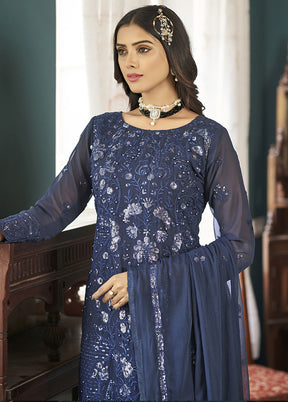 3 Pc Blue Semi Stitched Georgette Suit Set With Dupatta VDKSH12803244 - Indian Silk House Agencies